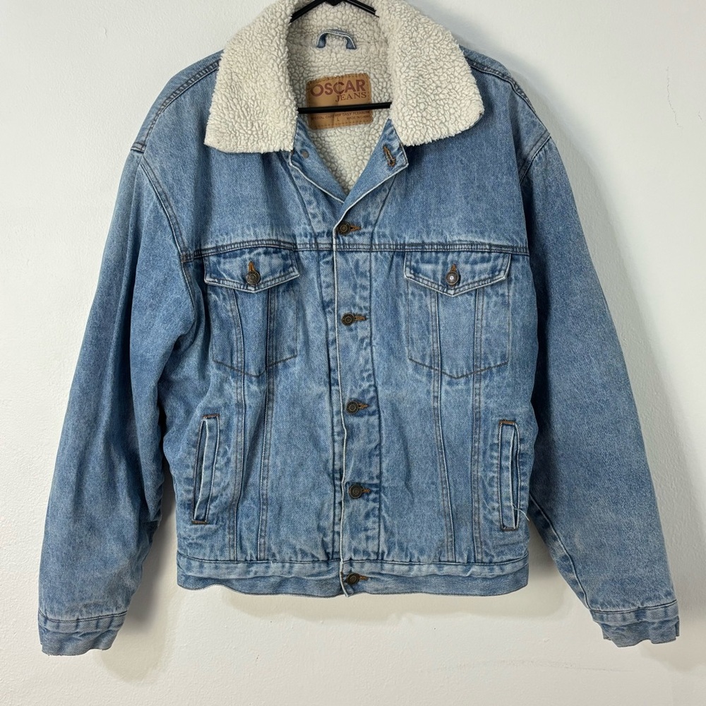 Vintage‎ 90s Oscar Jeans Sherpa Lined Denim Trucker Jacket Mens L Blue Western